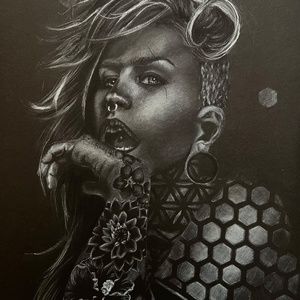 "Anti-HiveMind" White Charcoal Drawing on Black Paper